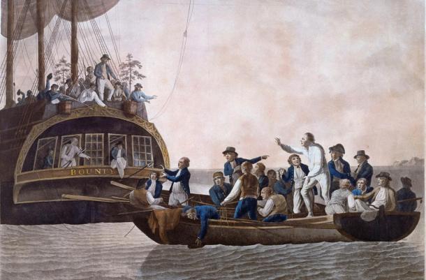 Fletcher Christian and the mutineers turn Lieutenant William Bligh and 18 others adrift; 1790 painting by Robert Dodd