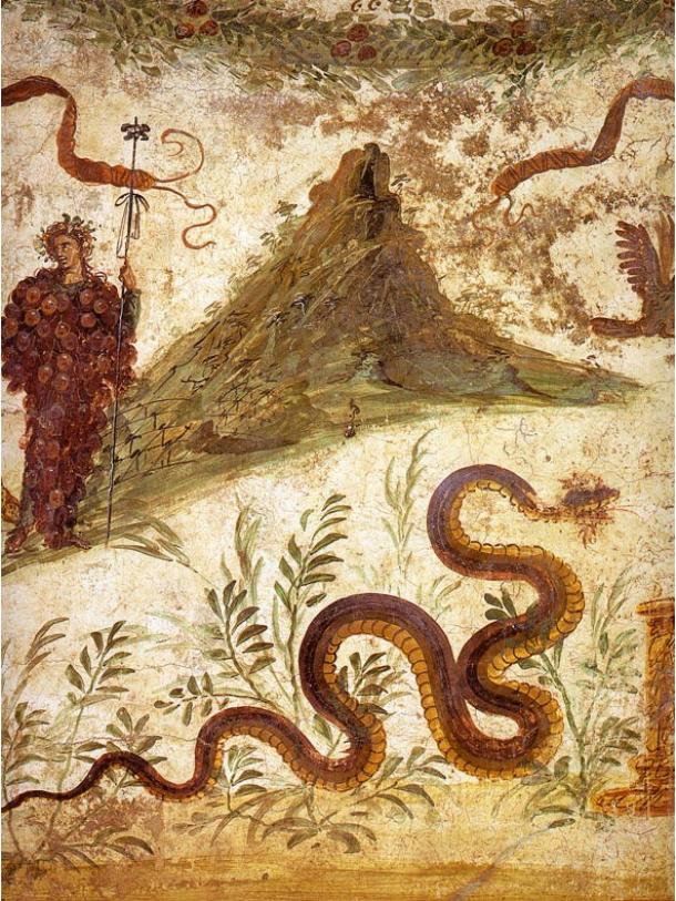Fresco of Bacchus and Agathodaemon with Mount Vesuvius, as seen in Pompeii's House of the Centenary. Note the serpent imagery. 