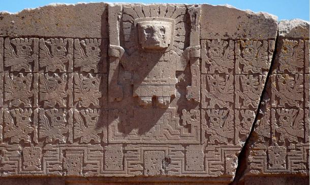 Detail, Gateway of the Sun, Tiahuanaco. This topmost relief is on a single block of Andesite stone weighing 10 tons. 