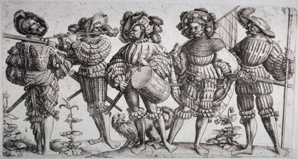Landsknechte - German mercenary soldiers from the 15th-16th Century. Etching by Daniel Hopfer, c. 1530