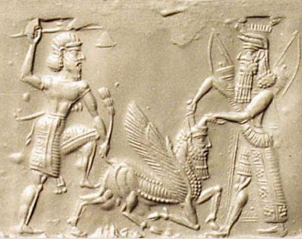 Gilgamesh and Enkidu slaying the Bull of Heaven. Neo-Assyrian, 8th/7th century BC.
