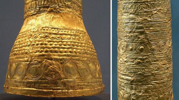 Close-ups of the Golden Cone of Ezelsdorf-Buch, showing the intricate designs carved into the gold sheeting
