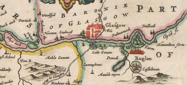Govan, Scotland region (from the 1654 Blaeu map of Scotland).
