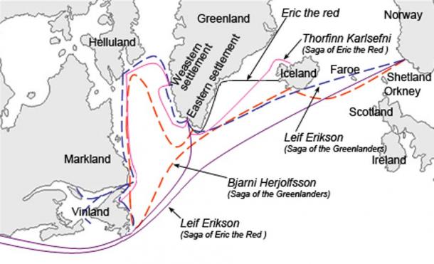 Graphical description of the different sailing routes to Greenland, Vinland (Newfoundland), Helluland (Baffin Island) and Markland (Labrador) travelled by different characters in the Icelandic Sagas, mainly Saga of Eric the Red and Saga of the Greenlanders. Modern English versions of the Norse names.