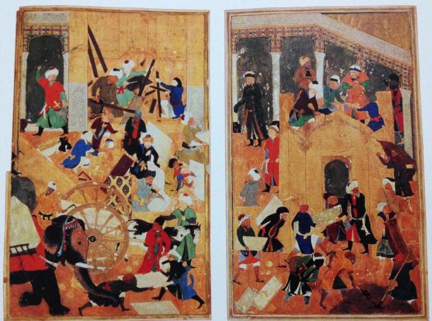 Building the Great Mosque of Samarkand. Illustration by Bihzad for the Zafar-Nameh. Text copied in Herat in 1467-68 and illuminated c. the late 1480s.