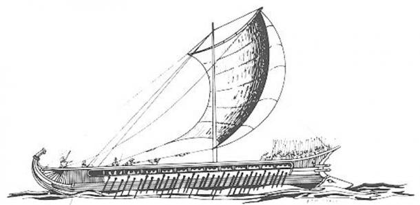 Greek trireme, drawing by F. Mitchell; note the battering ram on the prow to the right at the waterline.