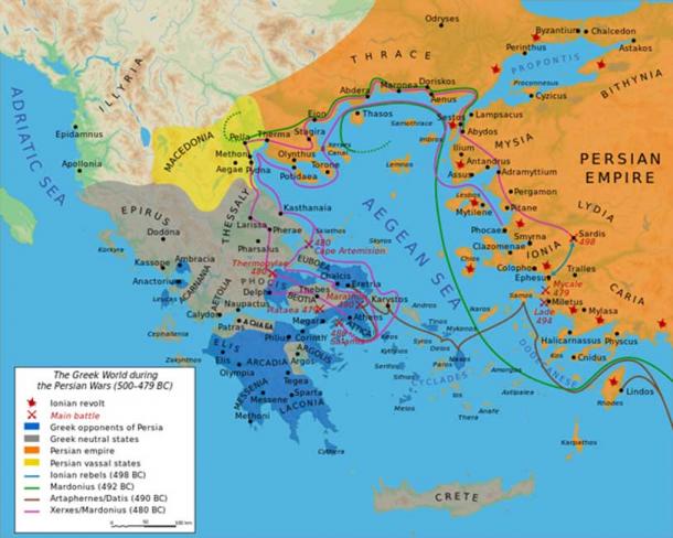 Map showing the Greek world during the Greco-Persian Wars (ca. 500–479 BC).