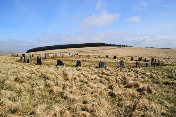 Grey Wethers - a pair of stone circles in Dartmoor. A view of both circles from the south.