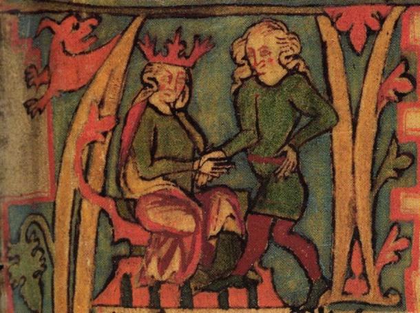 King Haraldr hárfagri receives the kingdom out of his father's hands. From the 14th century Icelandic manuscript Flateyjarbók.