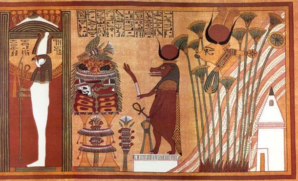 Hathor is the cow-headed goddess at right in this image from the ancient Egyptian Book of the Dead.