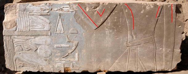 Female representation of Hatshepsut (highlighted by red lines) that was later replaced by the image of a male king.