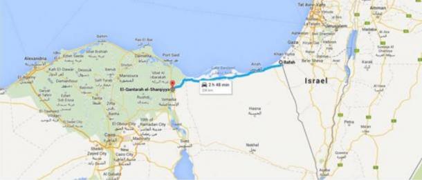 This Google Map shows the present-day route of the ancient Horus Military Route from Qantara to Rafah. The body of water to the north is the Mediterranean Sea.