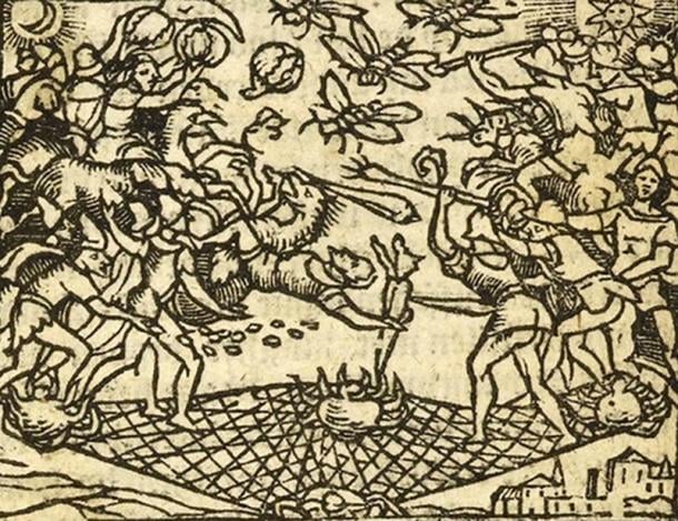 Illustration from a 1647 Dutch edition of Vera Historia showing the people of the Moon and the people of the Sun at war for the right to colonize the Morning Star, their aerial battle taking place on an enormous battlefield woven by giant spiders. (Public Domain)