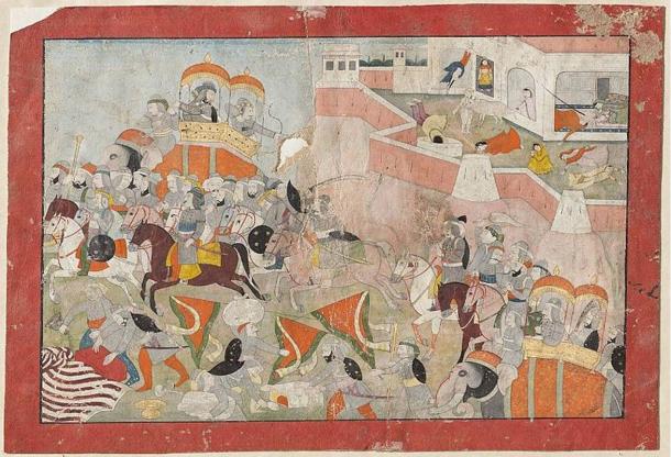 Illustration of Alauddin Khilji in the foreground, as the women commit suicide in the background. (1825) 