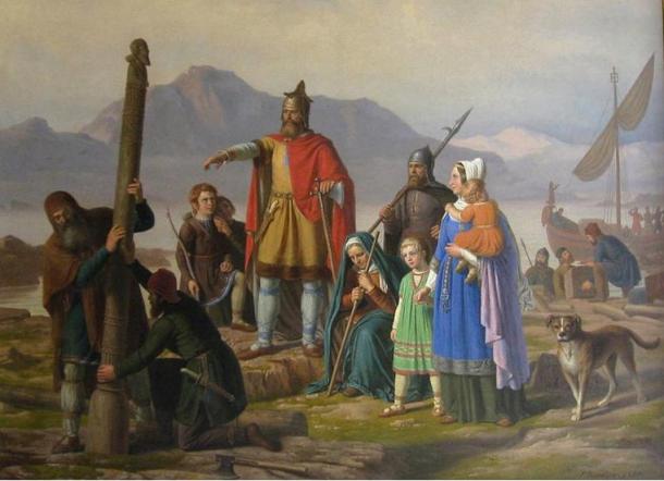 Ingolf tager Island i besiddelse,by P. Raadsig (1850). Depicting Ingólfur Arnarson, the first permanent settler in Iceland. Legend says he threw two pillars overboard and vowed to settle wherever they landed. They landed in what is known today as Reykjavik (Cove of Smoke).