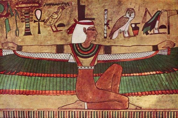 Isis depicted in Egypt with outstretched wings (wall painting, c. 1360 BC)