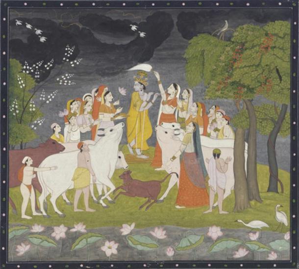 Krishna with cows, herdsmen and Gopis, Pahari painting [Himalayan] from Smithsonian Institution. 