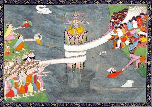 El mito de la 'Batido del mar de leche ": Kurma Avatar de Vishnu, al pie del monte Mandara, con Vasuki envuelto alrededor de ella, durante Batido del océano de leche, batido del océano de leche.  ca 1870.