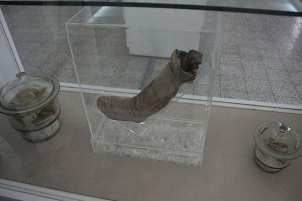Left shoe and lower leg of Saltman 1 on display at Iran Bastan Museum.