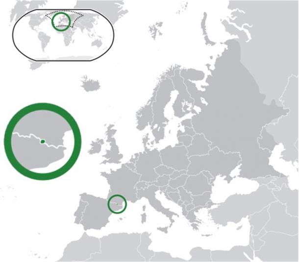 Location of Andorra (center of green circle) in Europe  (dark grey).