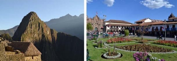 View of Machu Picchu buildings and Wayna Picchu mount (left) and Cusco (right), Peru