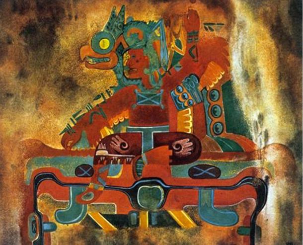Hombre sentado en el trono, Oxtotitlán, olmeca Cultura, Medio Período Formativo, BC, pintura rupestre.
