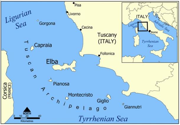 Map of Tuscan archipelago with Giannutri at the southernmost end.