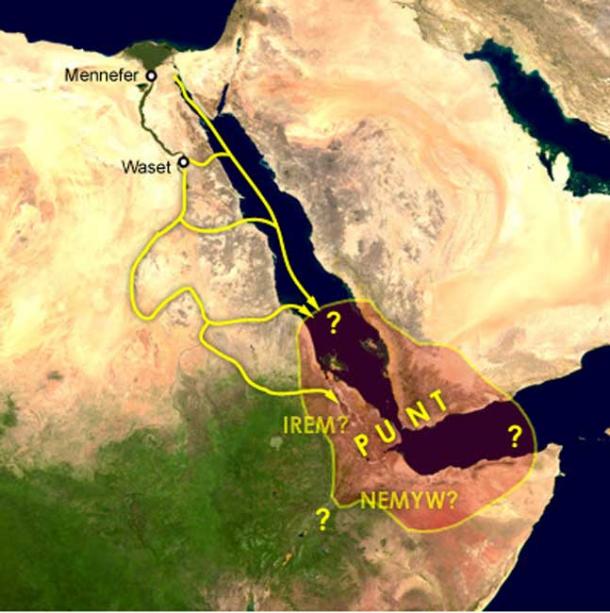 Map of a proposed location of Punt with trade routes from Egypt to Punt via rivers, wadis, and by sea. Mennefer is Memphis, Waset is Thebes and Irem and Nemyw are lands that supposedly border on Punt. 