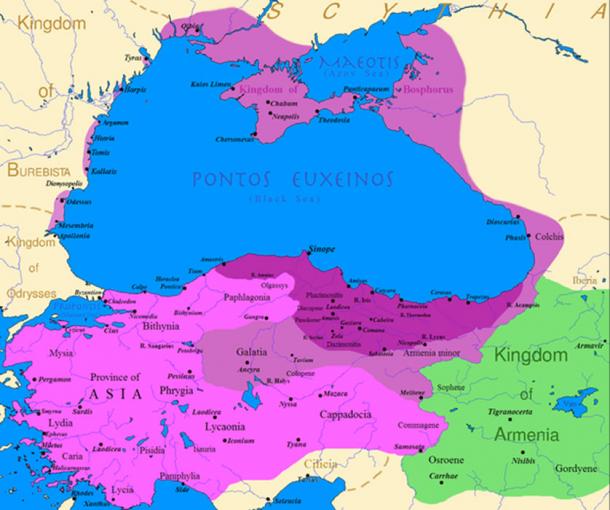 Map of the Kingdom of Pontus, before the reign of Mithridates VI (dark purple), after his conquests (purple), his conquests in the first Mithridatic wars (pink) and Pontus' ally the Kingdom of Armenia (green). 