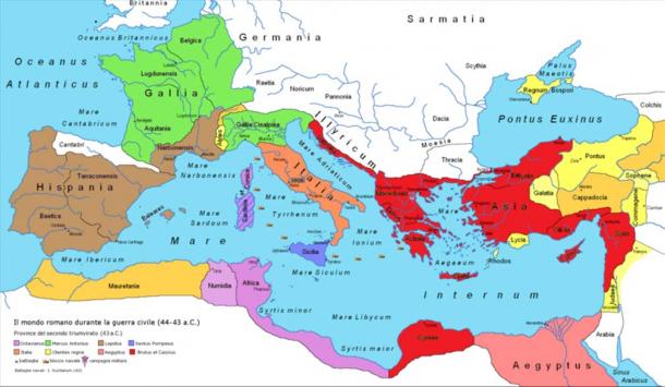 Map of the Roman Republic in 43 BC after the establishment of the Second Triumvirate: Antony (green), Lepidus (brown), Octavian (purple), Triumvirs collectively (orange/peach), Sextus Pompey (blue), The Liberators (red), Rome’s client kingdoms (yellow), Ptolemaic Egypt (pink). 