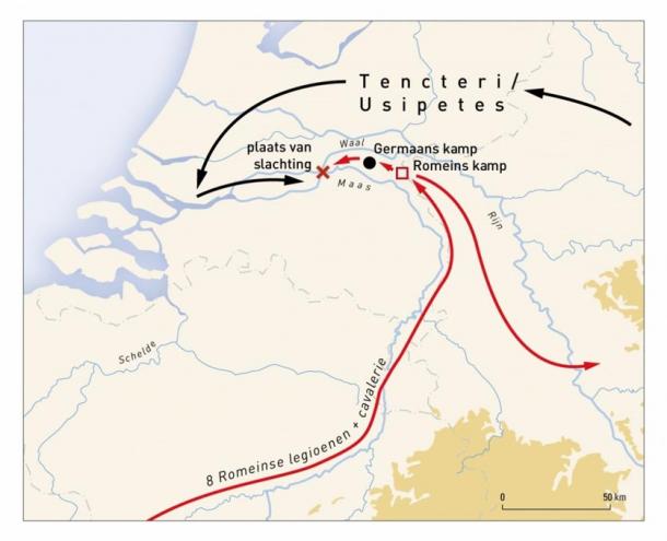 Map of the site, and red indicating the movements and encampments of the Romans and tribes.