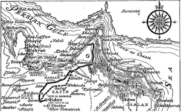 Map illustration from 'Sand Kings of Oman' published by Methuen in 1947.