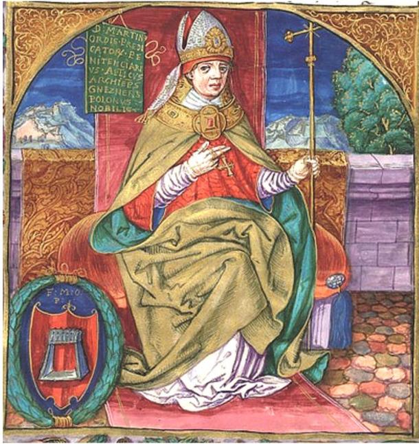 Martinus Polonus, the Dominican Friar who wrote a vivid account of Pope Joan’s life, yet he revealed little about his sources. Here he is depicted as the Archbishop of Gniezno, illustrated manuscript prior to 1535.