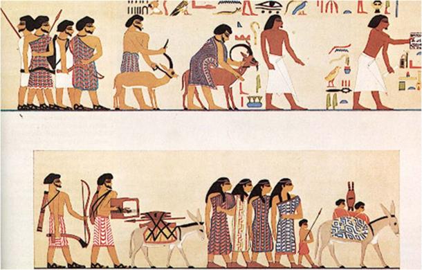 Middle Kingdom artwork showing Hyskos traders bringing trade goods and tribute to the ancient Egyptians.