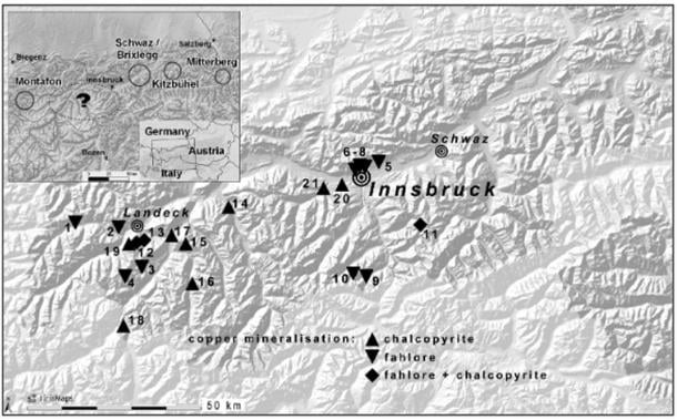 Mining archaeological research gap in the western part of North Tyrol (top left) and mapping of surveyed and sampled copper mineralizations during a 2013 study of Copper mineralizations in western north Tyrol in prehistoric times.