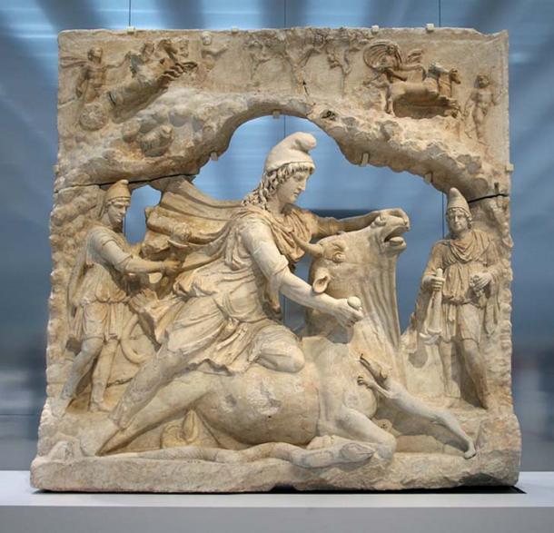 Marble relief of a Mithraic tauroctony scene from the Capitol, Rome, Italy, of the Roman cult figure of Mithras sacrificing a bull.