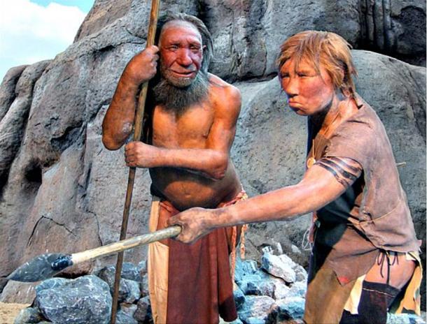 Models of a Neanderthal man and woman. Neanderthal Museum, Dusseldorf.