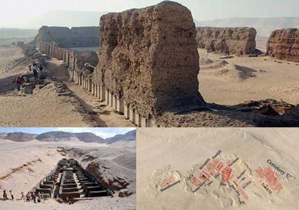Arriba: Edificios mortuorios en Hierakonpolis. Abajo: El sitio del entierro y el mapa del cementerio. Cortesía de Google Earth y