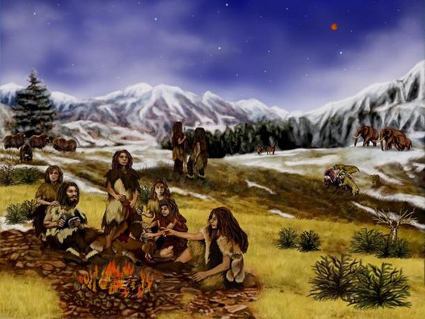 Artist’s representation of a group of Neanderthals around a fire.