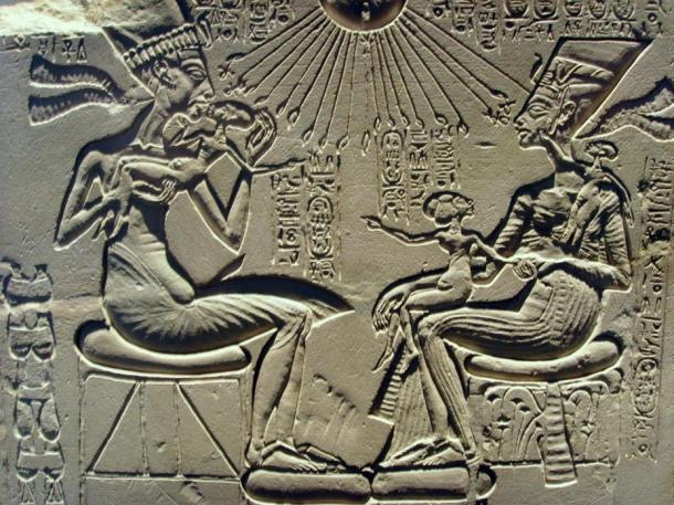 Akhenaten, Nefertiti and their children bask in the rays of the sun, Aten, a god that Akhenaten raised above all others.