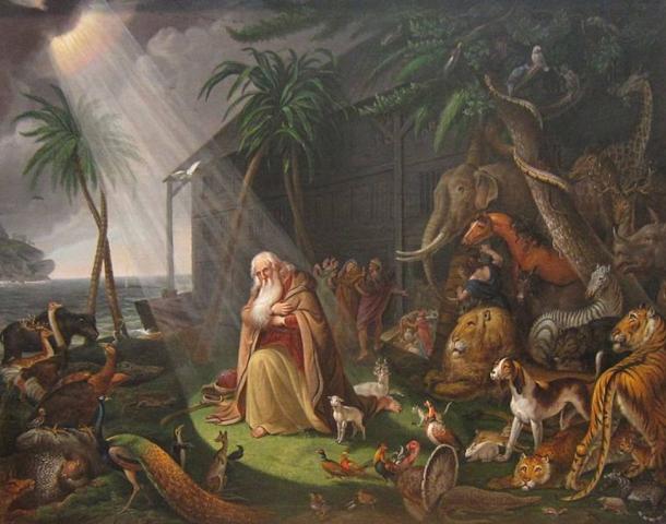 Tanto Noé y Manu son descritos como hombres virtuosos.  'Noé y su Arca "por Charles Wilson Peale, 1819