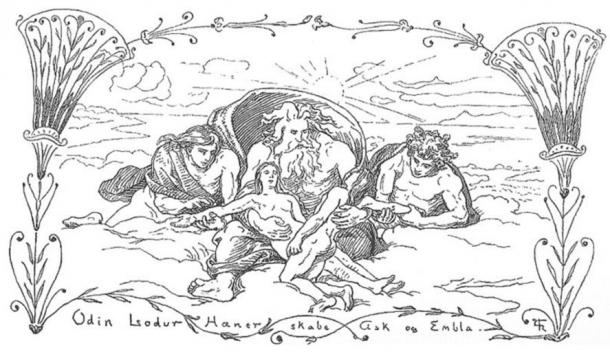 Odin creates Ask and Embla. Published in Gjellerup, Karl (1895).