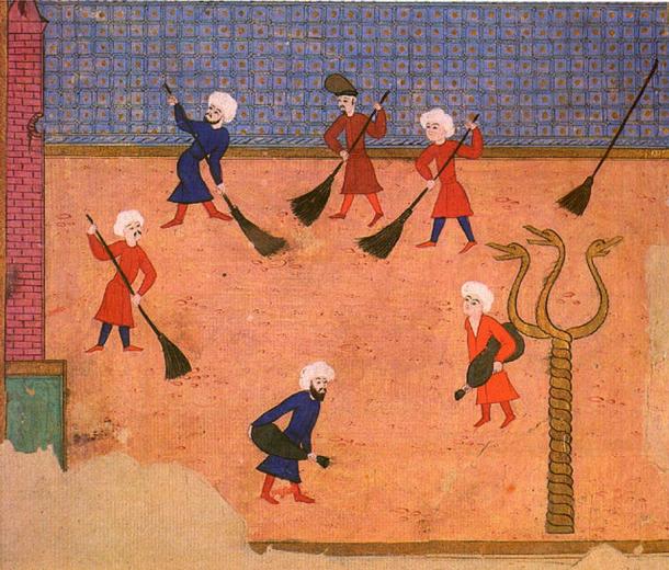 miniatura otomana del apellido de i-Vehbi, mostrando la columna con las tres cabezas de serpiente, en una fiesta en el hipódromo en 1582.