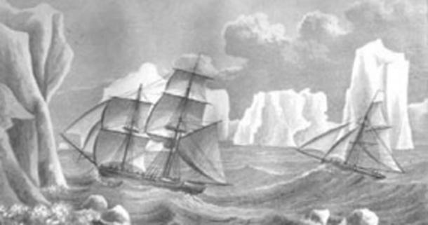 Painting of James Weddell's second expedition to Antarctica in 1823, depicting the brig Jane and the cutter Beaufroy.