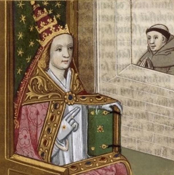 Painting of Pope Joan in Papal Tiara, on display at the Bibliothèque Nationale de France, circa 1560.The artist is unknown. 