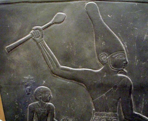 Early Dynastic usage of the White crown as seen in a detail of the Narmer Palette of Pharaoh Narmer.