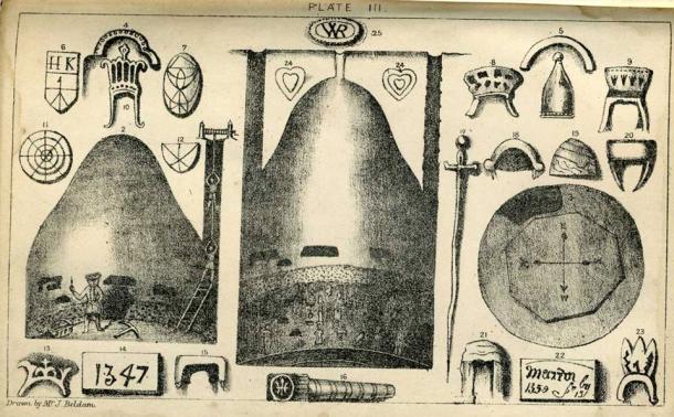 Plate III from Joseph Beldam's book The Origins and Use of the Royston Cave, 1884 showing the shape and floor plan of the cave
