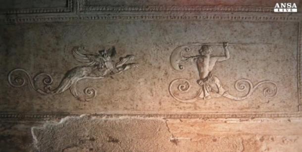 Screenshot from an Ansa.it video of the Porta Maggiore basilica showing a griffin with a hunter