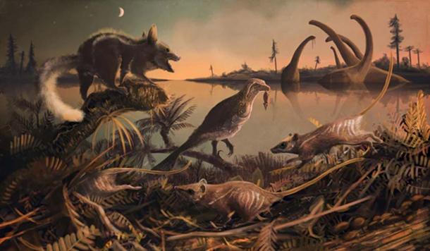 Purbeck mammals, Durlstodon and Durlstotherium. Jurassic Mesozoic mammals that are ancestors to placental mammals. Illustration: © Mark Witton 2017