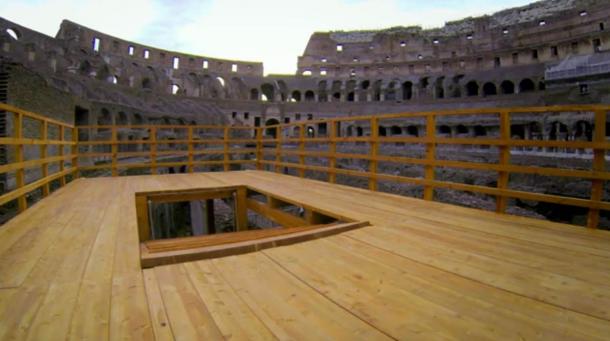 Reconstructed platform showing how wild animals were once raised into the arena of the Colosseum. Screenshot from ‘Colosseum: Roman Death Trap – Releasing the Wolf’.